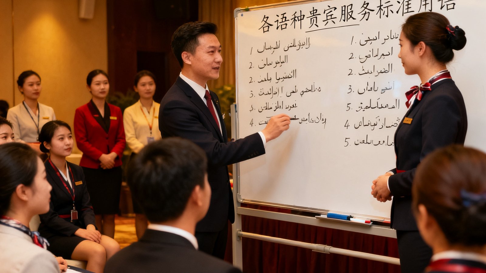 太阳贵宾会培训教室内，来自不同语言组的礼宾员正在进行会展场景模拟演练，白板上写满了各语种的贵宾服务标准用语