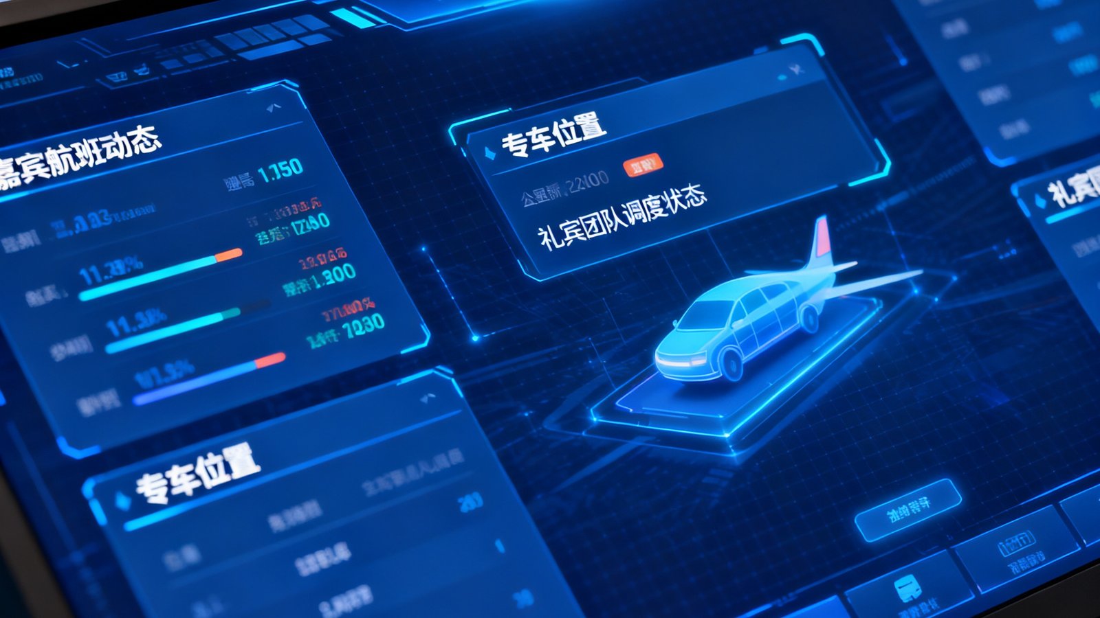SunElite贵宾服务数字化管理系统的操作界面截图，大屏上实时显示着嘉宾航班动态、专车位置和礼宾团队调度状态