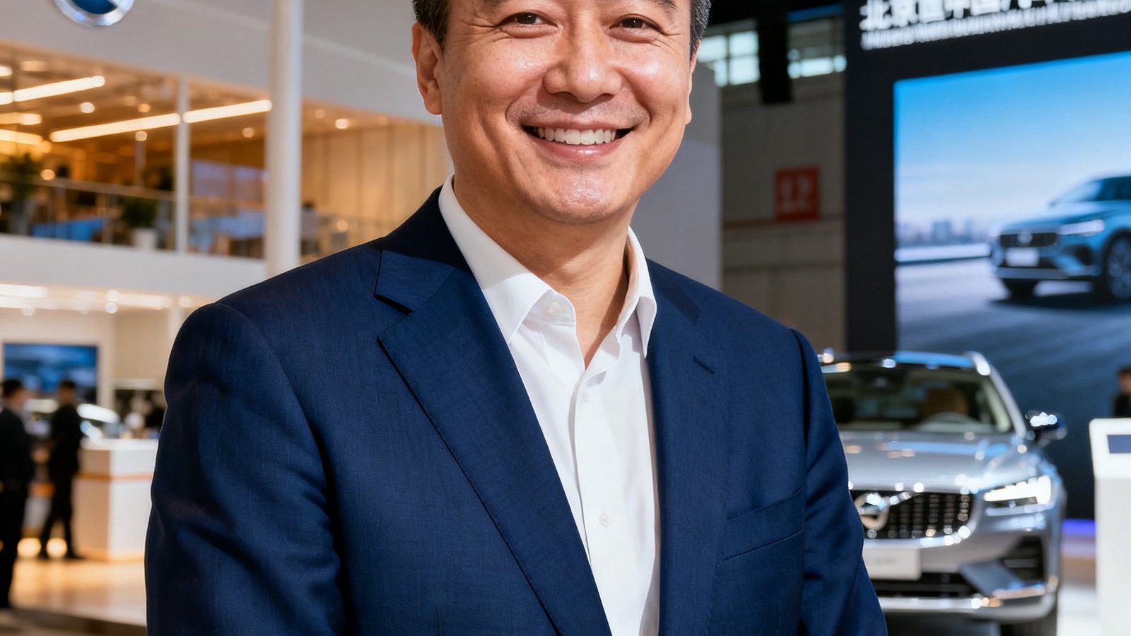 某国际汽车品牌市场总监张先生的商务肖像照，他身着深蓝色西装，面带微笑，背景为北京国际汽车展现场展馆
