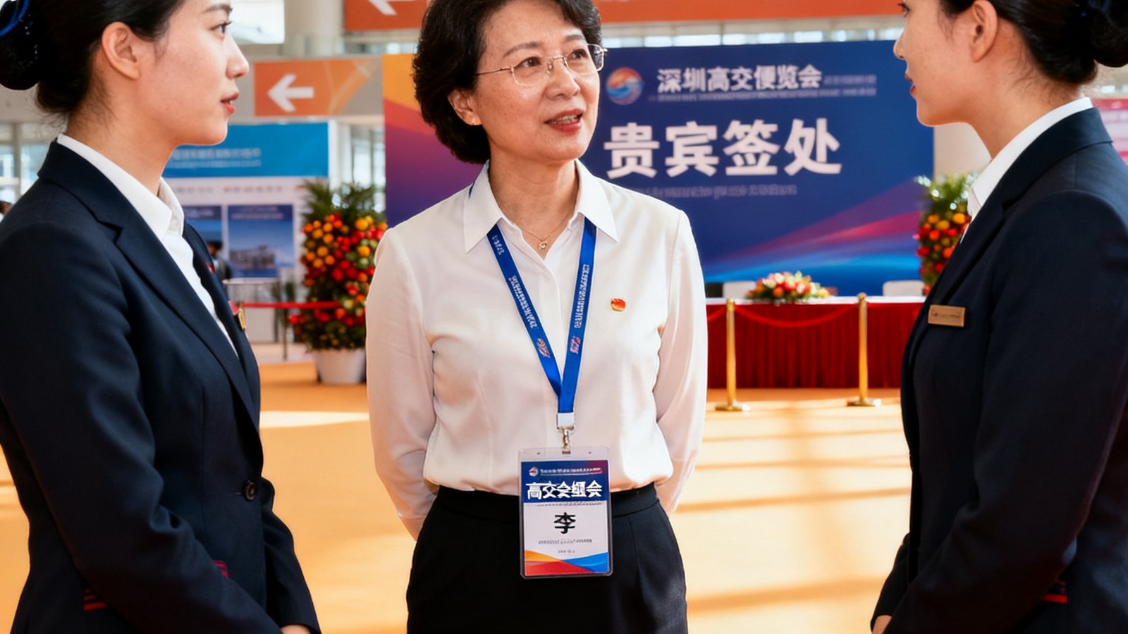 深圳高交会组委会负责人李女士在展会现场的工作照，她佩戴着组委会工作证，站在贵宾签到处前与礼宾团队沟通